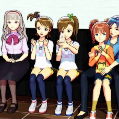 ami futami, chihaya kisaragi, hibiki ganaha, mami futami, takane shijou, yayoi takatsuki, jaxmmd, cum inside, futanari, implied sex, rape, animated, mmd