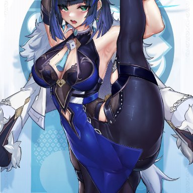 genshin impact, yelan (genshin impact), dynamotor, 1girls, abs, armpits, arms up, bangs, big breasts, blue hair, blush, bodysuit, boob window, braid, breasts