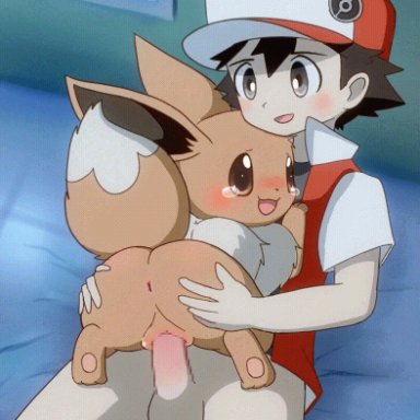 nintendo, pokemon, eevee, pok&#233;mon (species), blush, bodily fluids, duo, female, feral, genitals, human, inside, interspecies, male, male on feral