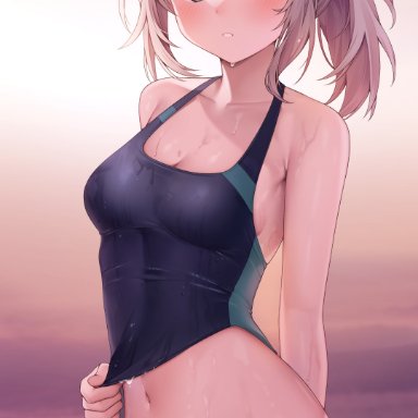 blue archive, shiroko (blue archive), reel (riru), animal ear fluff, animal ears, arm behind back, bangs, bare shoulders, blue eyes, blue swimsuit, blush, breasts, clothes lift, competition swimsuit, cowboy shot