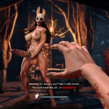 dead by daylight, huntress (dead by daylight), shiftybizness, 1futa, abs, axe, balls, biceps, blood, breasts, cabin, caught, erect nipples, erection, feet