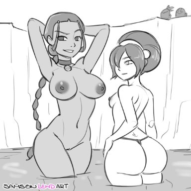 avatar the last airbender, nickelodeon, katara, toph bei fong, risenhentaidemon, samson 00, 2girls, alternate breast size, arched back, armpits, arms behind head, arms up, asian female, ass, athletic
