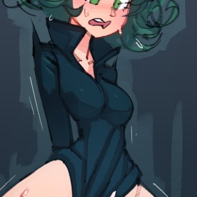 one-punch man, tatsumaki, cragscleft, 1boy, 1girls, breasts, clothed female nude male, cum, cum in pussy, cum inside, female on top, green eyes, green hair, penis, sex