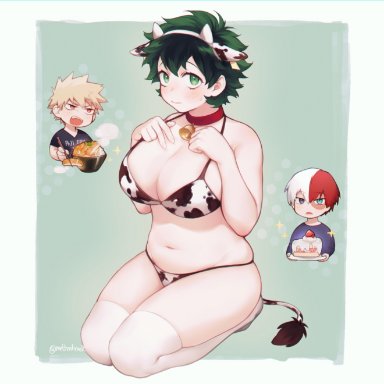 my hero academia, female deku, izuku midoriya, katsuki bakugou, shouto todoroki, 1girls, bell collar, big breasts, bikini, busty, collar, cosplay, costume, cow bell, cow bikini