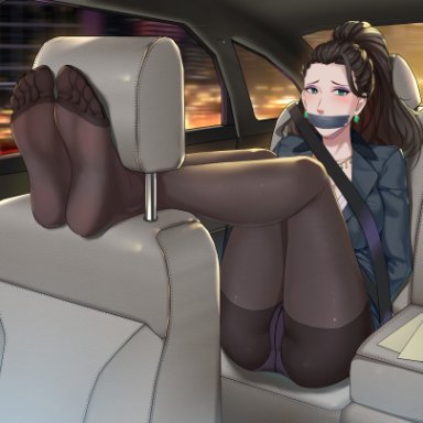 idolmaster, idolmaster cinderella girls, executive mishiro, haimei1980, ass, black hair, black legwear, blush, breasts, car, car interior, car seat, crotch seam, earrings, feet