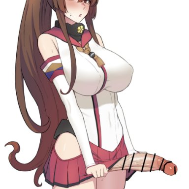 kantai collection, yamato (kantai collection), takaman (gaffe), 1futa, big breasts, big penis, blush, bottomless, breasts, brown eyes, brown hair, cleavage, clothed, clothes lift, clothing