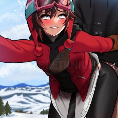 rooster teeth, rwby, rwby ice queendom, ruby rose, tabletknight, &lt;3, 1boy1girl, arm grab, arm pull, biting lip, black hair, blush, bottomless, bottomless male, clothed