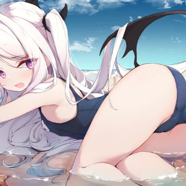 blue archive, hina (blue archive), ahoge, armpits, ass, bare shoulders, beach, blue swimsuit, day, female, flat chest, horns, long hair, looking at viewer, low wings