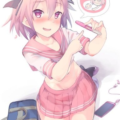 astolfo (fate), blush, curvy, cute, femboy, fully clothed, looking at viewer, pink hair, pregnancy test, thick thighs, thighhighs, trap