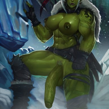 world of warcraft, nyuunzi, 1futa, athletic futanari, balls, big balls, big breasts, breasts, flaccid, futa only, futanari, green skin, horde, huge cock, humanoid