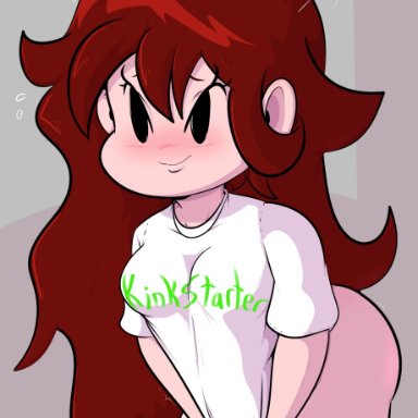 friday night funkin, girlfriend (friday night funkin), davidsanchan, ass, background, blush, breasts, ear, embarrassed, female, long hair, stretching shirt, title on clothing, too small clothes, white shirt