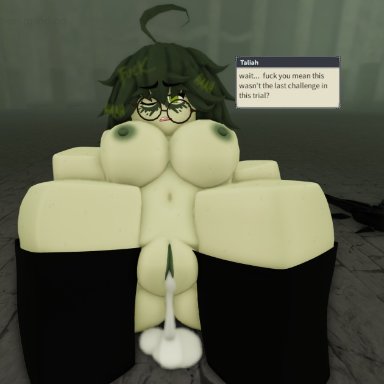 deepwoken, roblox, celtor (deepwoken), robloxian, artist request, after sex, cum drip, cum in pussy, green hair, lime eyes, nervous, nude, one eye closed, 3d, source request