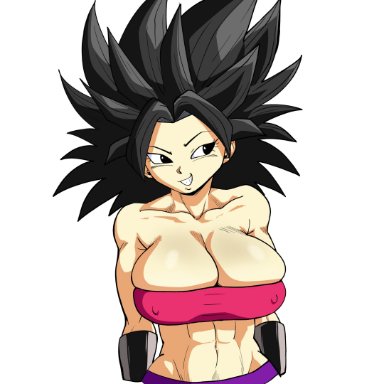 dragon ball, dragon ball super, caulifla, pseudocel, 1girls, abs, black eyes, black hair, boob tube, bracelet, bracer, breast squeeze, breasts too big, clothing, large breasts