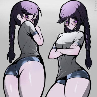 danganronpa, danganronpa: trigger happy havoc, fukawa touko, trizzz, 1girls, ass, bangs, braided hair, braids, female, female focus, female only, glasses, gradient background, gym uniform