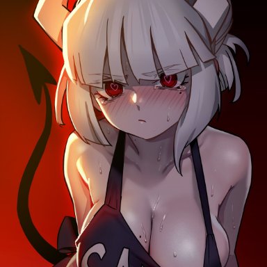 helltaker, lucifer (helltaker), as109, apron, apron pull, areola slip, areolae, bangs, black apron, blunt bangs, blush, breasts, cleavage, demon girl, demon horns