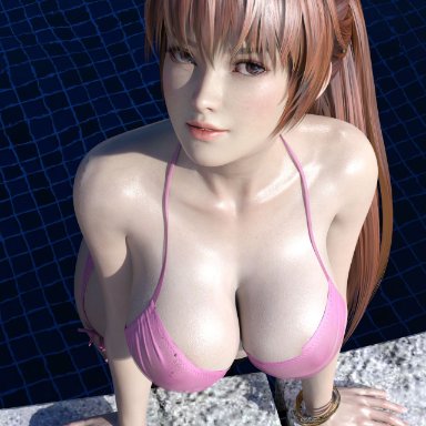 dead or alive, kasumi (doa), artist request, 1girls, asian, asian female, bikini, breasts, brown eyes, cleavage, cute, female, female only, happy, large breasts