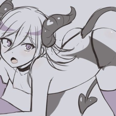 danganronpa, danganronpa v3, ouma kokichi, iberico, 1boy, ass up, demon, demon boy, demon horns, demon tail, femboy, incubus, looking to the side, male, male focus