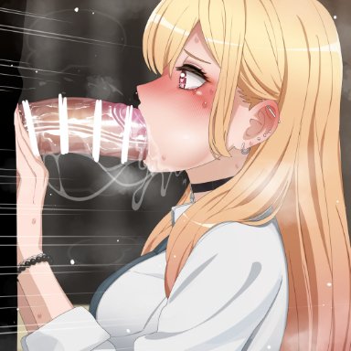 sono bisque doll wa koi wo suru, kitagawa marin, mizumizuni, 1boy, 1girls, big breasts, big penis, blonde hair, blowjob, blush, breasts, choker, clothed female, earrings, erection