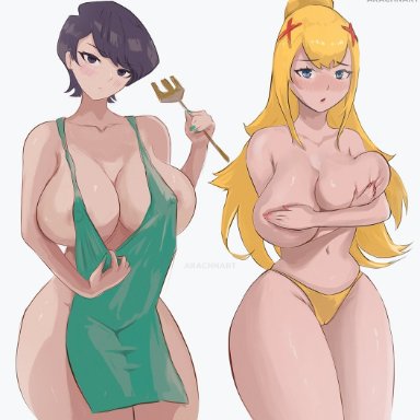 komi-san wa komyushou desu, darkness (konosuba), komi shuuko, arachnart, 2girls, age difference, apron, areola slip, areolae, black hair, blonde hair, breasts, covering breasts, female, female only