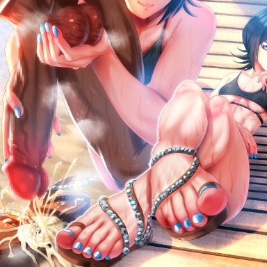 bleach, kuchiki rukia, amaaay zing, balls, beach, beach chair, big feet, big penis, bikini, black hair, chair, cropped legs, cum, cum on footwear, cumdrip