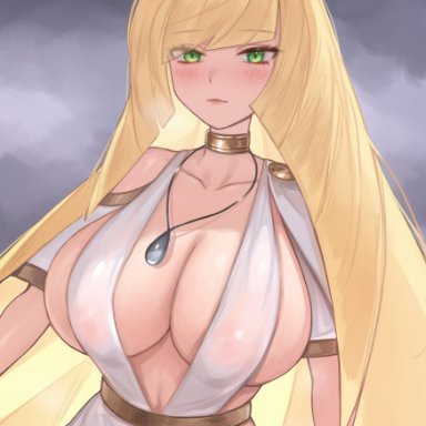 nintendo, pokemon, pokemon sm, lusamine (pokemon), norza, 1girls, big breasts, blonde hair, blush, breasts, cleavage, clothed, clothing, collar, dress