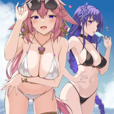 genshin impact, raiden shogun, yae miko, beach, big breasts, breasts, cleavage, curvy, eyewear on head, female, female only, heart, ice cream, looking at viewer, ohta yuichi