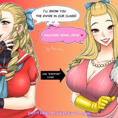 capcom, street fighter, karin kanzuki, porniky, 1girls, before and after, big breasts, blonde hair, brainwashing, cleaning, cleavage, collar, dress, empty eyes, gloves