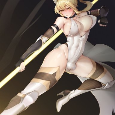 arknights, nearl (arknights), gins, 1futa, animal ears, big breasts, big penis, blush, breasts, cleavage, clothed, clothing, erection, erection under clothes, futa only