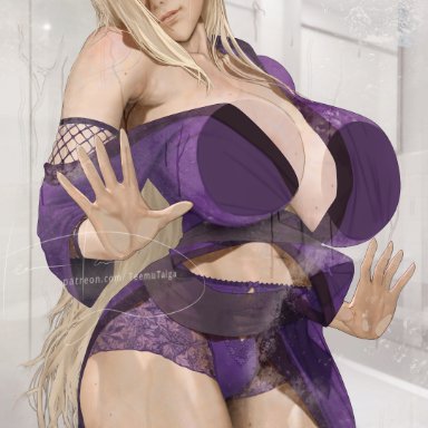 naruto, naruto shippuden, ino yamanaka, teemu taiga, 1girls, against glass, bare shoulders, bathroom, blonde hair, blush, breast grab, breasts, busty, clavicle, cleavage