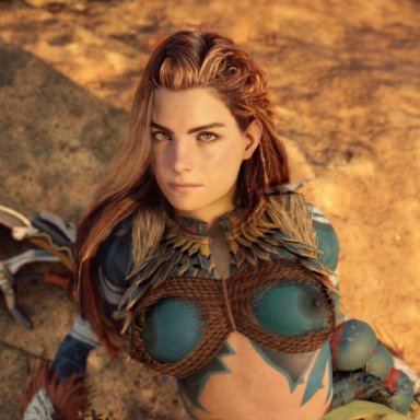 guerilla games, horizon forbidden west, horizon zero dawn, playstation, aloy, 1girl, 1girls, bodypaint, breasts, brown hair, female, female focus, female only, female solo, looking at viewer