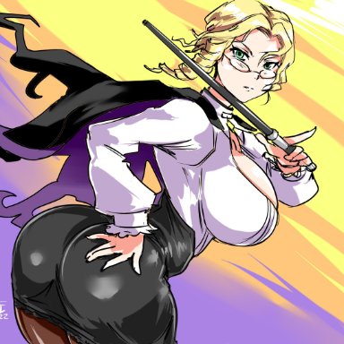 rooster teeth, rwby, glynda goodwitch, erusantte, 1girls, ass, blonde hair, breasts, cape, cleavage cutout, clothing, glasses, green eyes, hand on own ass, holding