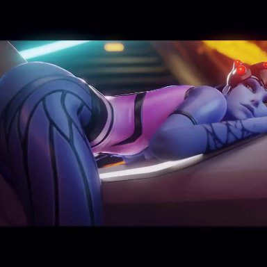 overwatch, widowmaker, fluffy3d, 1boy, 1girls, big ass, bubble butt, faceless male, light-skinned male, looking back, pleasure face, purple hair, purple skin, smile, smiling