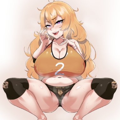 rwby, yang xiao long, b1ackgoldsaw, 1girls, big breasts, blush, breasts, eye contact, feet, female, female focus, female only, huge breasts, long hair, looking at viewer