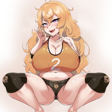 rwby, yang xiao long, b1ackgoldsaw, 1girls, big breasts, blush, breasts, eye contact, feet, female, female focus, female only, huge breasts, long hair, looking at viewer