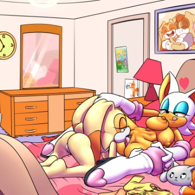 sonic (series), cream the rabbit, rouge the bat, vanilla the rabbit, xaveknyne, 2girls, age difference, all fours, anthro, areolae, ass, babysitter, barefoot, bat, bat ears