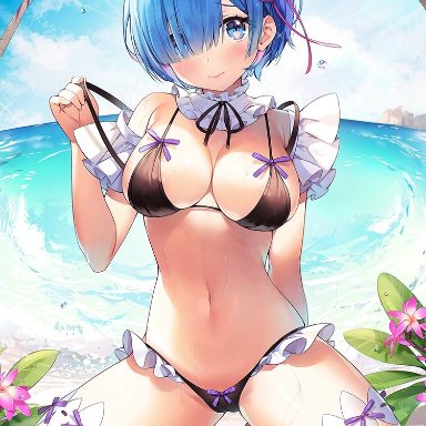 rem (re:zero), ayamy, 1girls, beach, bikini, black bikini, blue eyes, blue hair, breasts, cleavage, female, female only, frilled bikini, frills, large breasts