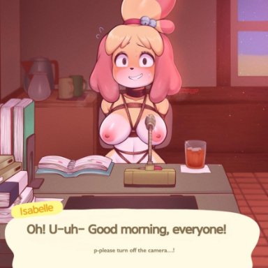 animal crossing, nintendo, isabelle (animal crossing), negieggy, negitives, accessory, anthro, areola, bell, beverage, big breasts, blonde hair, bodily fluids, bondage, book