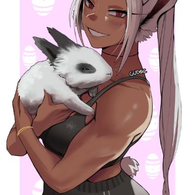 my hero academia, miruko, rumi usagiyama, gud0c, abs, big ass, bunny ears, dark-skinned female, looking at viewer, muscular, muscular female