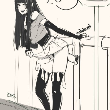 chilichi, black hair, blush, condom, cum, detached sleeves, dildo, feet, femboy, filled condom, guard rail, leotard, long hair, male, masturbation