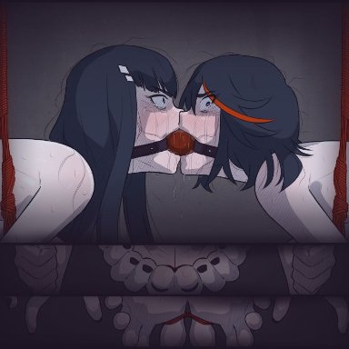 kill la kill, kiryuuin satsuki, matoi ryuuko, wtfeather, 2girls, angry, ball gag, black toenails, bondage, bound together, crying, drooling, feet, forced partners, forced yuri