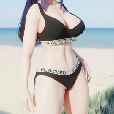 blacked, league of legends, irelia xan, blackedr34, 1girls, beach, blacked clothing, blue eyes, female, female only, light-skinned female, looking at viewer, outdoors, outside, ponytail