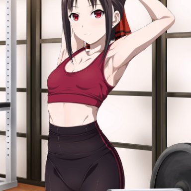 shinomiya kaguya, inoshira, armpits, arms up, bangs, barbell, bare shoulders, black hair, black shorts, breasts, cleavage, closed mouth, collarbone, female, hair ribbon