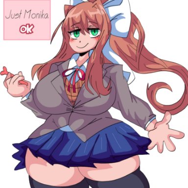 doki doki literature club, dork boi, lewd dorky, 1girls, blush, bow, brown hair, green eyes, long hair, looking at viewer, school uniform, simple background, skirt, smile, solo