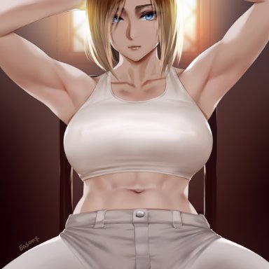 attack on titan, annie leonhardt, easonx, blonde hair, blue eyes, crop top, exposed shoulders, female, female focus, female only, hands on head, muscular female, open legs, perky nipples, white pants