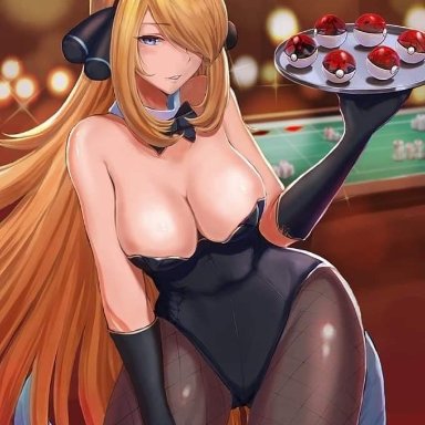 cynthia (pokemon), blonde hair, bunny ears, bunnysuit, busty, elbow gloves, knuckle spikes, pokeballs, poker chips, poker table, serving tray