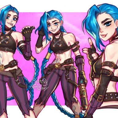 arcane, league of legends, league of legends: wild rift, arcane jinx, jinx (league of legends), blushypixy, holding gun