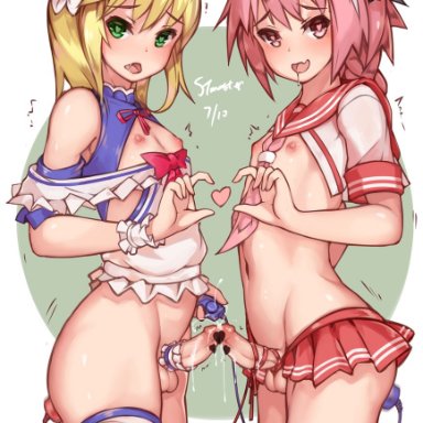 astolfo (fate), chevalier d'eon (fate), stmaster, 2boys, anal insertion, blonde hair, blush, cum, cumming, cumming together, femboy, flat chest, heart-shaped pupils, penises touching, testicles