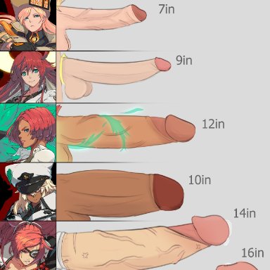 guilty gear, guilty gear strive, baiken, giovanna (guilty gear), i-no, jack-o' valentine, may (guilty gear), millia rage, ramlethal valentine, smooched shortcake, average sized penis, bandage, big penis, cockring, comparing penis