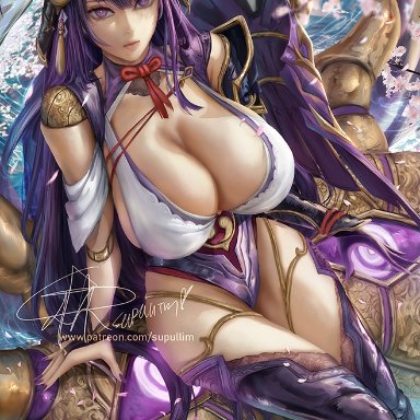 genshin impact, raiden shogun, supullim, 1girls, biots, breasts, cleavage, female, female only, highleg leotard, hips, huge breasts, leotard, long hair, purple eyes