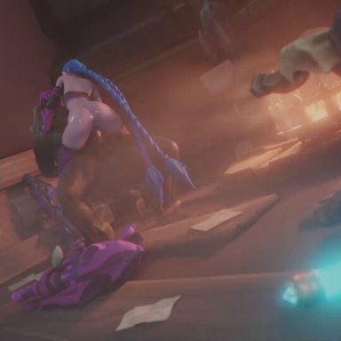 league of legends, jinx (league of legends), polished-jade-bell, 1boy, 1girls, areola, arm tattoo, ass, balls, blue hair, braid, breasts, cowgirl position, creampie, cum